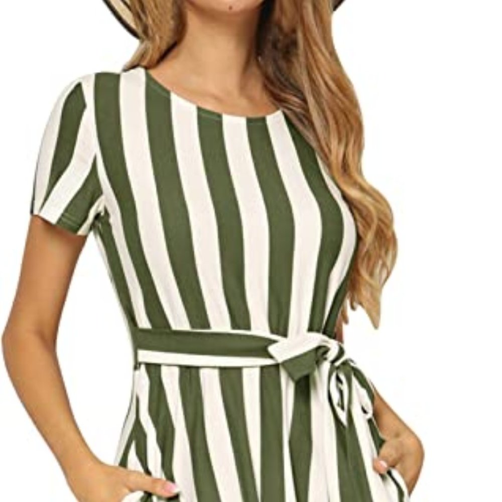 levaca Women's Striped Casual Midi Belt Dress with Pockets, Medium, Army Green